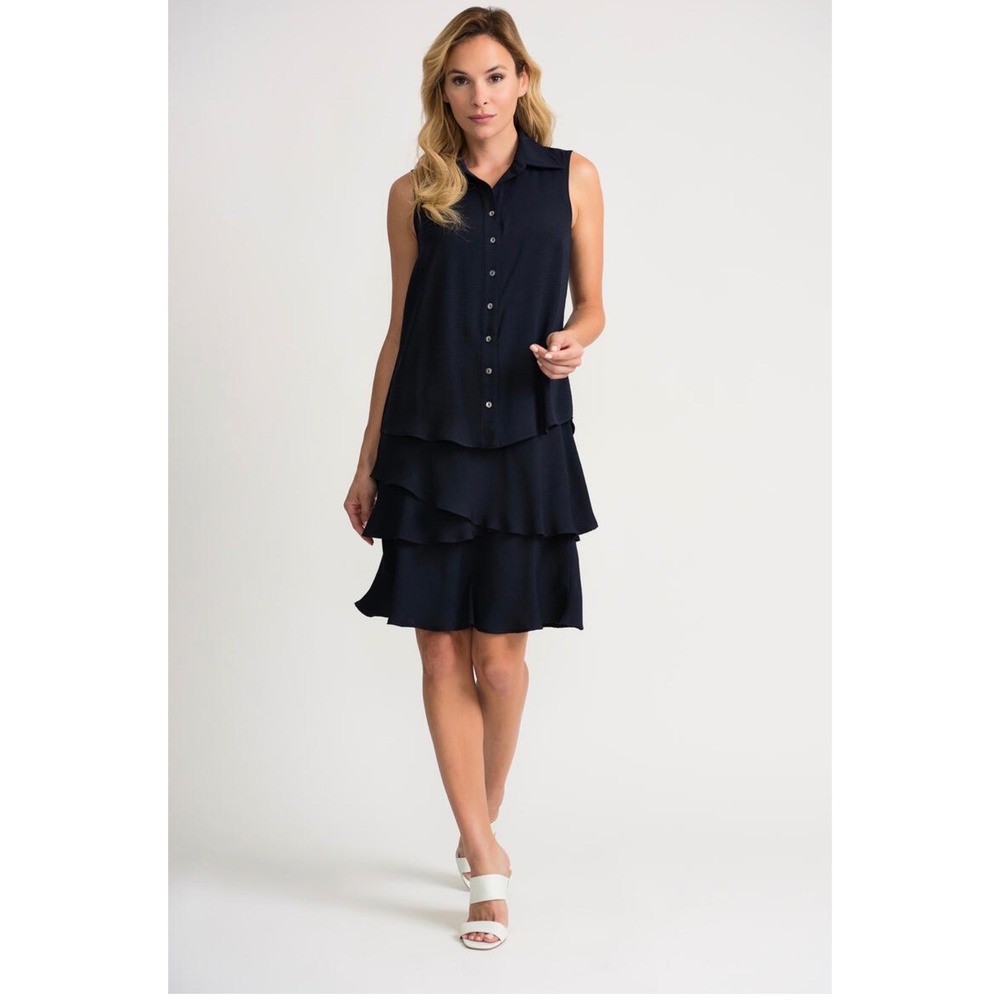 Joseph Ribkoff‎ Navy Tiered Ruffle Sleeveless Dress Modest Button Cocktail 10/12